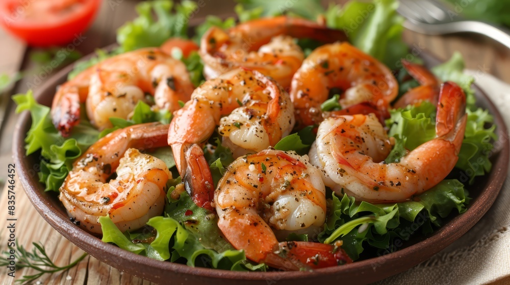 A bowl brimming with shrimp and lettuce sits atop a weathered wood table Nearby, a fork rests in readiness, and a slice of tomato per A bowl brimming with shrimp and lettuce sits atop a weathered wood table Nearby, a fork rests in readiness, and a slice of tomato per