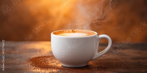 Steaming cappuccino in a white mug on a brown gradient background photo