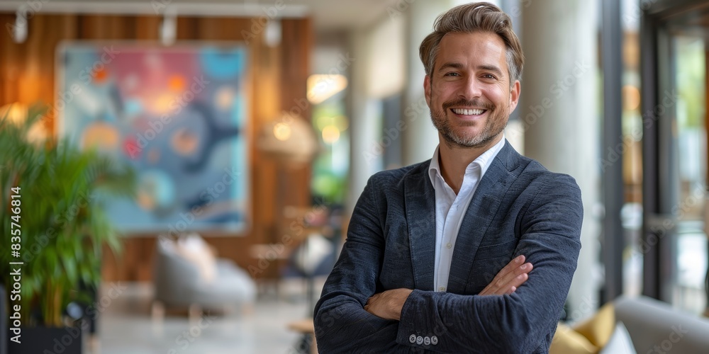 Smiling professional man with arms crossed in a corporate setting Smiling professional man with arms crossed in a corporate setting