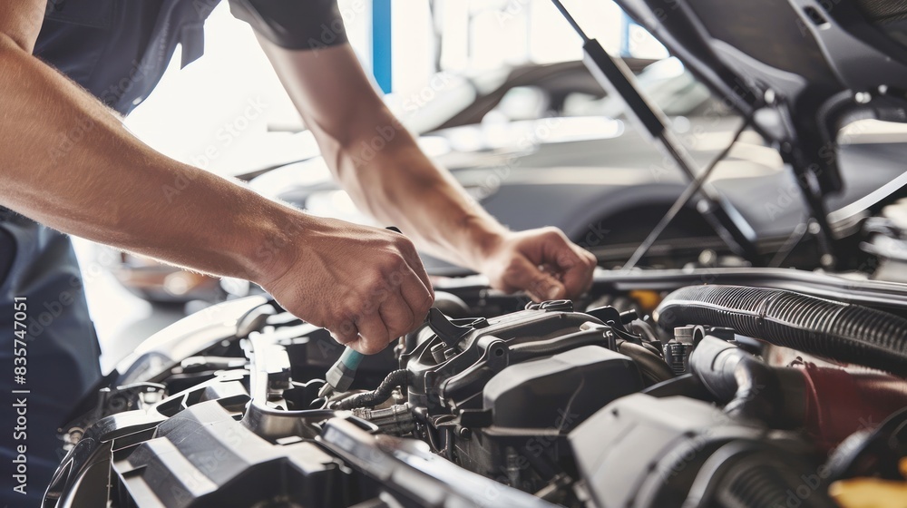Professional car mechanic using a wrench to work on the engine of the car in the garage for car auto repair service and maintenance check concept for the vehicle before leaving. Car maintenance Professional car mechanic using a wrench to work on the engine of the car in the garage for car auto repair service and maintenance check concept for the vehicle before leaving. Car maintenance