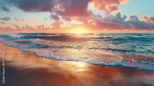 Tranquil beach at golden sunset with colorful horizon and calm ocean reflecting celestial beauty