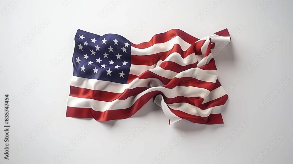 Obraz premium High-quality image of a wrinkled American flag with 3D effect, symbolizing patriotism and national pride against a plain white background.