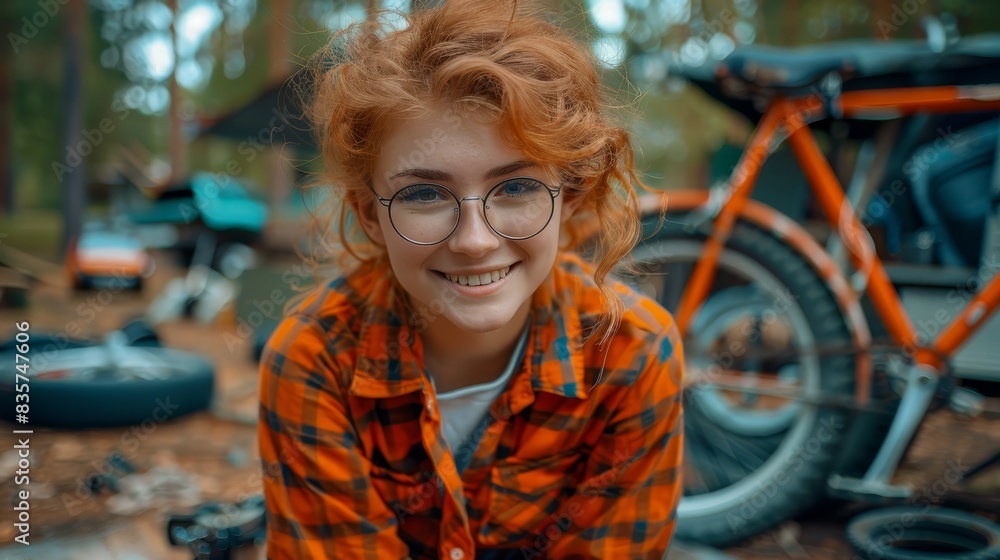 A tight shot of an individual in glasses, a plaid shirt, and a smile for the camera Behind them, a bicycle and a tent are visible in the background A tight shot of an individual in glasses, a plaid shirt, and a smile for the camera Behind them, a bicycle and a tent are visible in the background