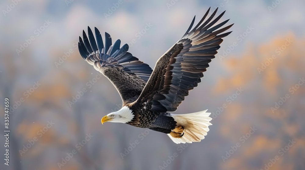 Fototapeta premium Majestic bald eagle soaring in the sky with autumn forest backdrop, showcasing freedom and power in nature.