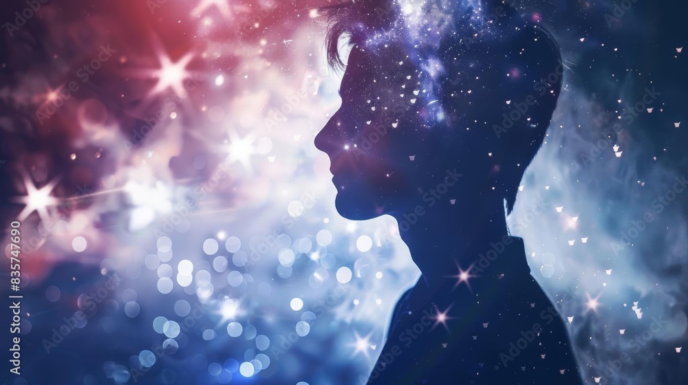 Silhouette of a person against a cosmic background filled with stars and nebulae, creating an ethereal and dreamy atmosphere. Silhouette of a person against a cosmic background filled with stars and nebulae, creating an ethereal and dreamy atmosphere.