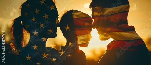 Silhouette of family with American flag overlay, symbolizing patriotism, unity and love. Perfect for themes of family and national pride. photo