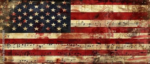 Vintage American flag with music notes on a weathered background, evoking a sense of patriotism and nostalgia.