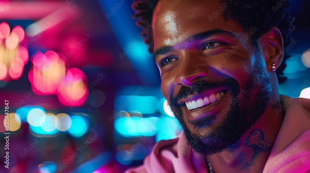 A man with a smile and a beard wears a pink shirt; background blurred with lights A man with a smile and a beard wears a pink shirt; background blurred with lights