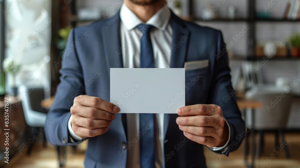 Professional presenting a blank card in a sleek office setting Professional presenting a blank card in a sleek office setting