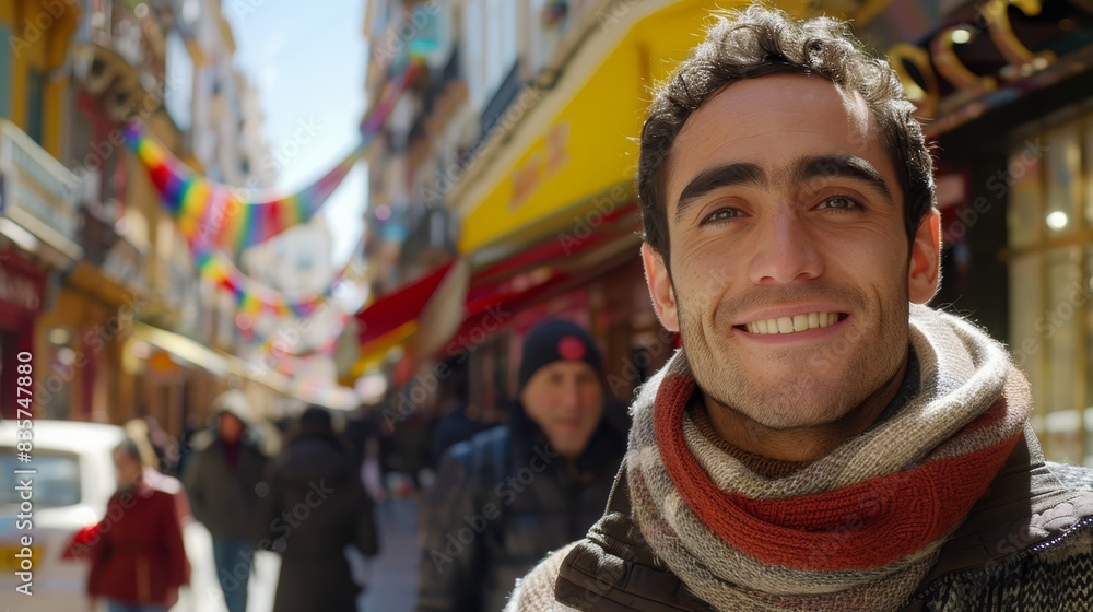  A man in a scarf stands before a building People stroll on the sidewalk A car is parked at the street's edge behind him