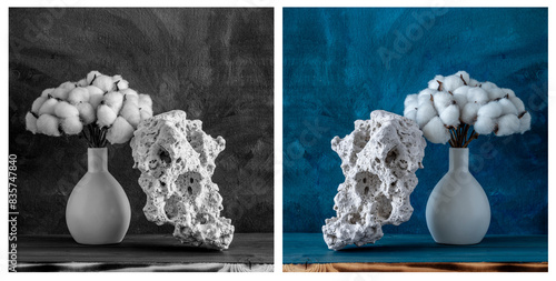 Conceptual diptych still life with levitating tuff stone and a bouquet of cotton branches in a vase on a blue background and in black and white.