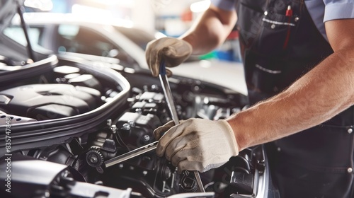 Professional car mechanic using a wrench to work on the engine of the car in the garage for car auto repair service and maintenance check concept for the vehicle before leaving. Car maintenance