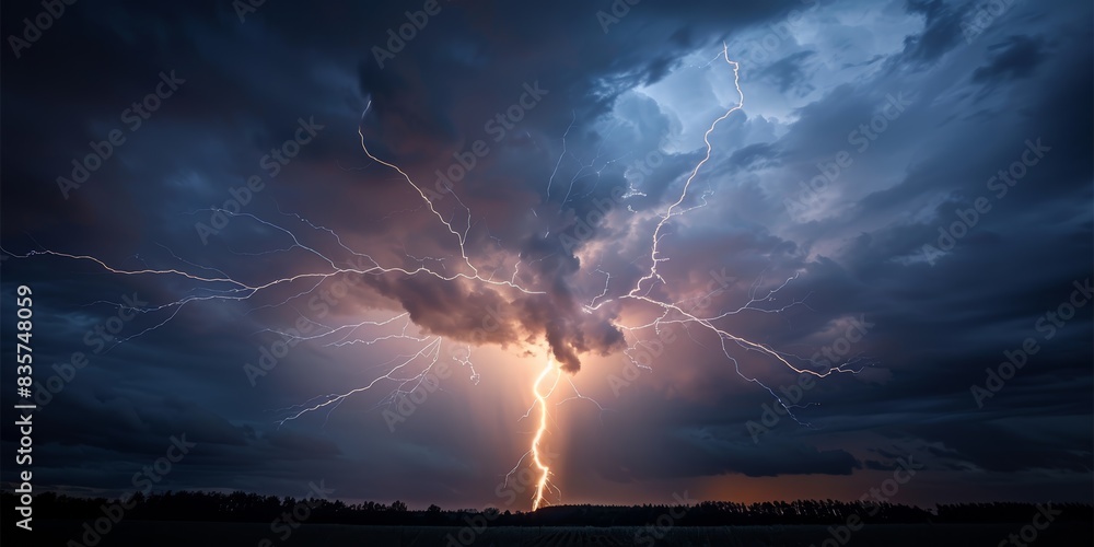 Obraz premium Powerful and dramatic lightning bolt in a stormy sky