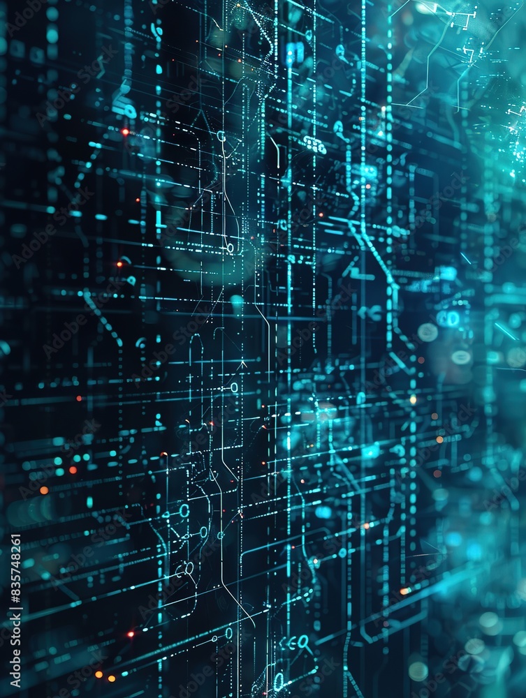 High-Tech Data Charts with Blue Tones and Ambient Light, Featuring Techno Lines and Particles Creating a Futuristic and Mysterious Atmosphere High-Tech Data Charts with Blue Tones and Ambient Light, Featuring Techno Lines and Particles Creating a Futuristic and Mysterious Atmosphere