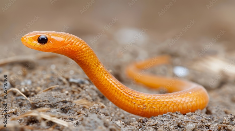 A tight shot of a small orange snake on the ground Its head is positioned in the midst of its body, and its tongue extends out A tight shot of a small orange snake on the ground Its head is positioned in the midst of its body, and its tongue extends out