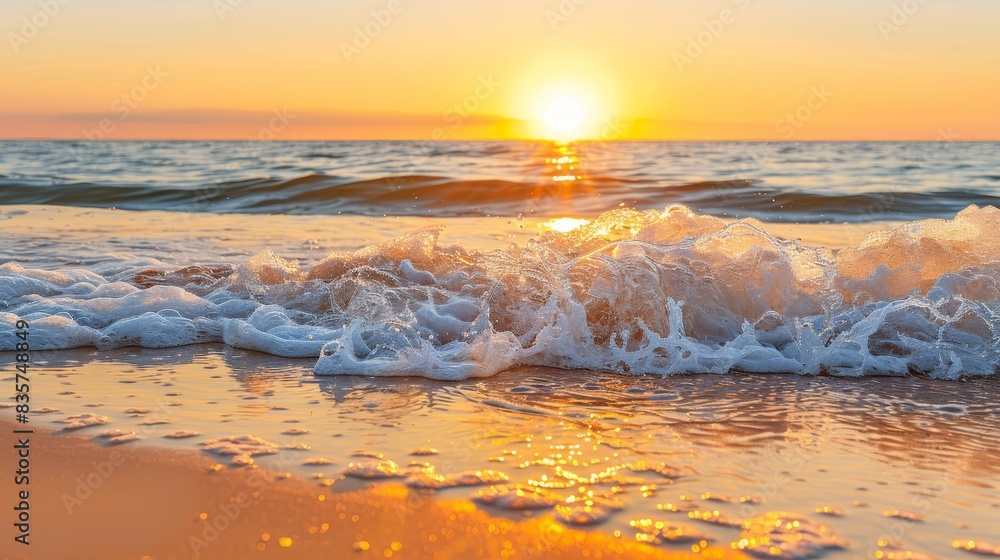 Obraz premium The sun sets over the ocean, waves crash on the shore, water splashes on the beach, sand meets the shoreside