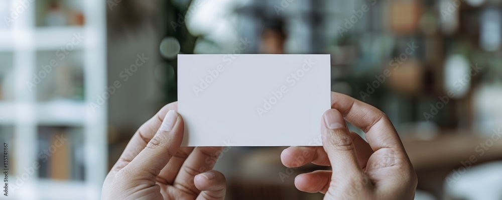 Person showing a blank business card with a blurred office background Person showing a blank business card with a blurred office background