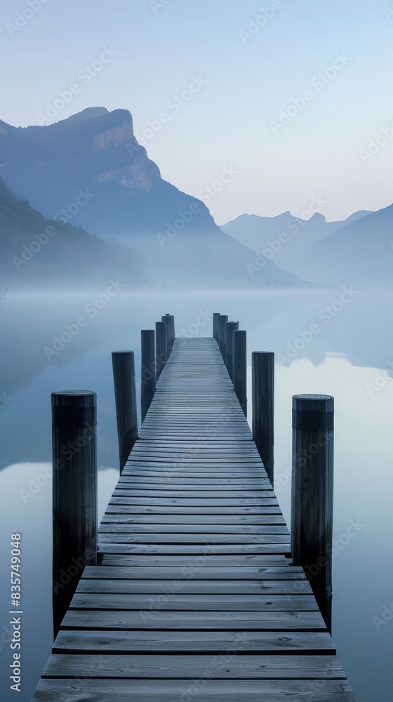 Fototapeta premium Serene dock extending into misty lake with mountain backdrop