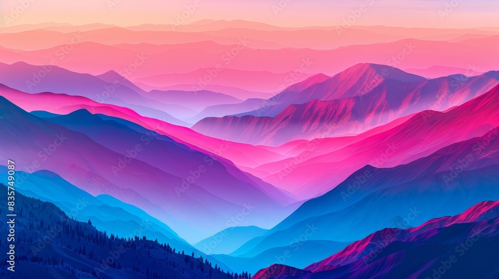 A painting of a mountain range with pink, blue, and purple hues in the foreground In the middle ground, a pink and blue sky unfolds A painting of a mountain range with pink, blue, and purple hues in the foreground In the middle ground, a pink and blue sky unfolds