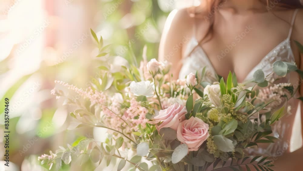 Close up of a woman holding a bouquet wearing a white wedding dress. Close up of a woman holding a bouquet wearing a white wedding dress.
