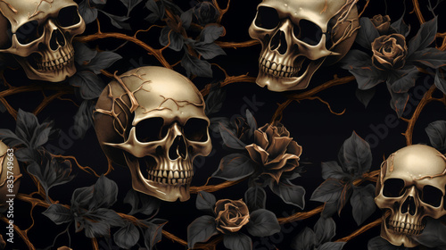 Fototapeta Naklejka Na Ścianę i Meble -  Skulls and roses are intertwined in a black and gold background