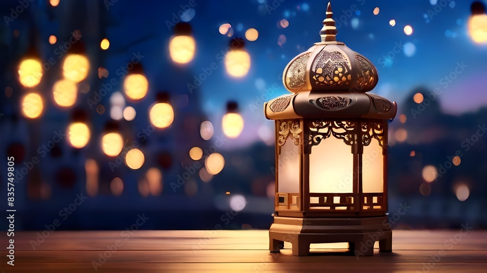 Original, traditional, elaborate oriental lantern with a stunning background of a mosque and Christmas lights bokeh. AI-produced. Original, traditional, elaborate oriental lantern with a stunning background of a mosque and Christmas lights bokeh. AI-produced.