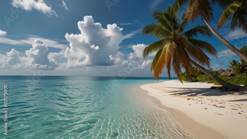 Beautiful tropical beach with white sand  turquoise ocean on background blue sky with clouds on sunny summer day. Palm tree leaned over water. Perfect landscape for relaxing vacation  island Maldives.