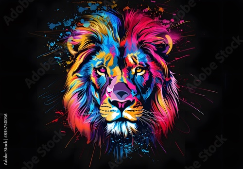 Colorful lion head with splash paint isolated on a black background