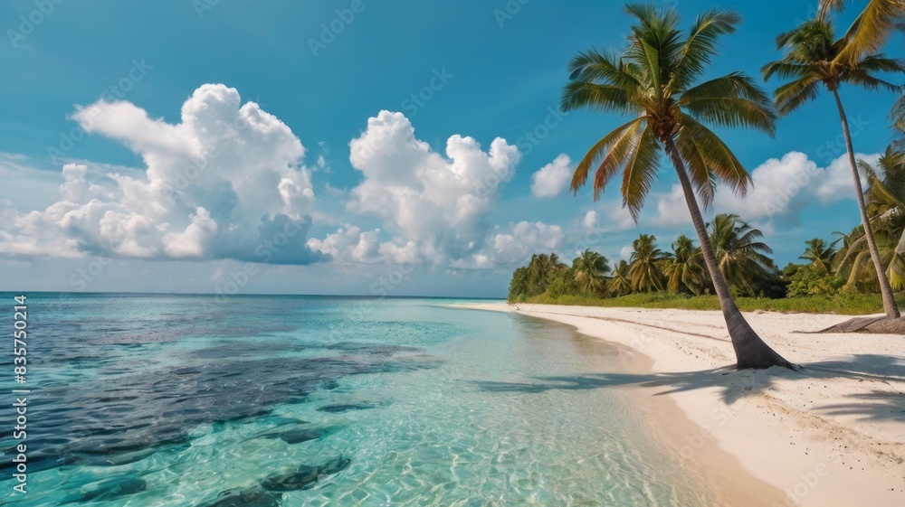 Beautiful tropical beach with white sand, turquoise ocean on background blue sky with clouds on sunny summer day. Palm tree leaned over water. Perfect landscape for relaxing vacation, island Maldives.