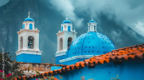  A blue-and-white building with one white steeple tops it, under a cloudy sky photo