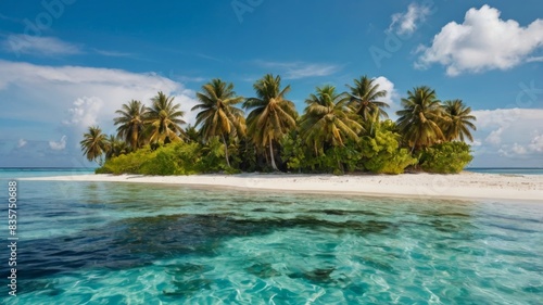Beautiful tropical beach with white sand  turquoise ocean on background blue sky with clouds on sunny summer day. Palm tree leaned over water. Perfect landscape for relaxing vacation  island Maldives.