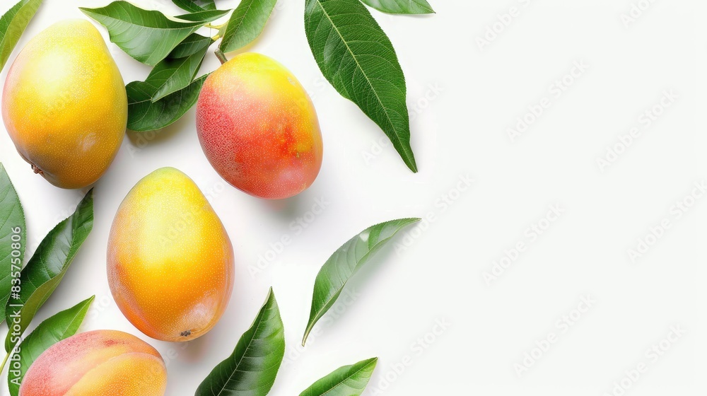 Mango with Green Leaves on White Background Wtih Clipping Path