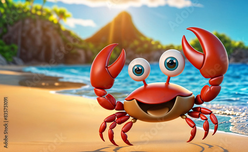 3d cartoon character crab with big blue eyes and a big smile stands happily on a sandy beach on the background of ocean and a distant mountain