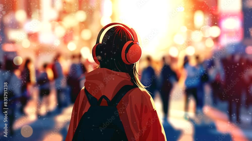 A man wearing headphones stands with a blurry crowd background. Anime or digital painting style, looping 4k video animation background A man wearing headphones stands with a blurry crowd background. Anime or digital painting style, looping 4k video animation background