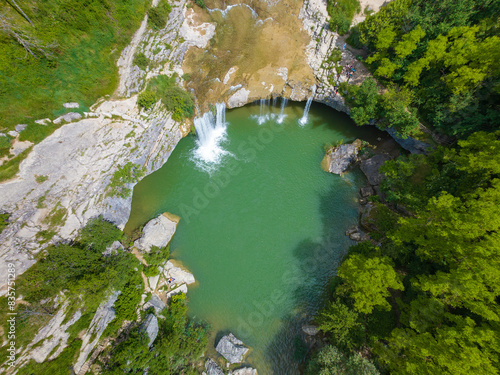 Aerial view of the Zarecki krov waterfall in River Pazincica, Croatia  photo