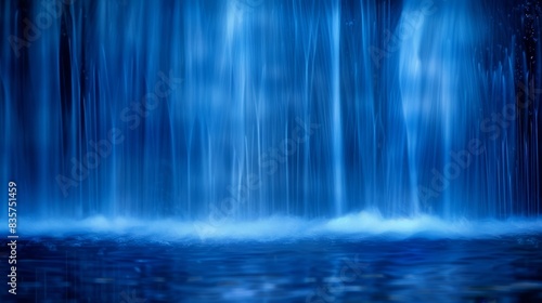  A tight shot of a waterfall overhanging a body of water Trees line the backdrop Blue light emanates from the waterfall's top and base