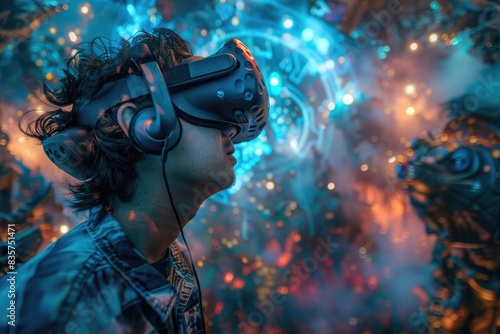 A gamer fully engaged in a VR experience, with the VR headset and motion controllers highlighted, set against a backdrop of an epic virtual game world with fantastical elements and high-resolution