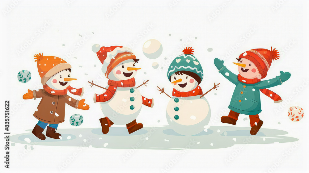 Four playful snowmen with children attire are playing with snowballs, surrounded by falling snowflakes Four playful snowmen with children attire are playing with snowballs, surrounded by falling snowflakes