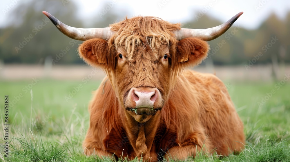 A tight shot of a brown cow grazing in a lush green field Behind, trees dot the horizon, and a clear blue sky stretches above A tight shot of a brown cow grazing in a lush green field Behind, trees dot the horizon, and a clear blue sky stretches above