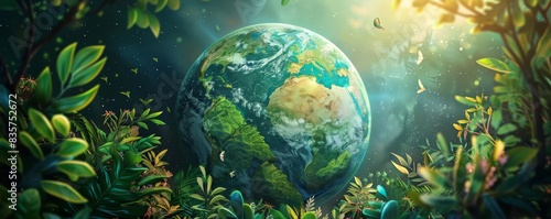 Illustration of a green planet Earth with vibrant plant life
