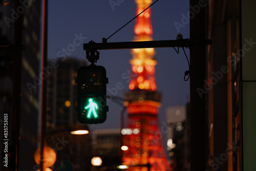 Green Crosswalk Signal with Tower in Background photo