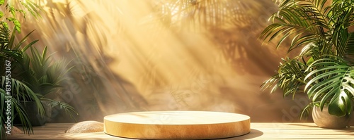 Golden background podium product platform for nature beauty cosmetic stage scene. Abstract rock podium pedestal mockup with tropical green and golden leaf shadow, generative ai