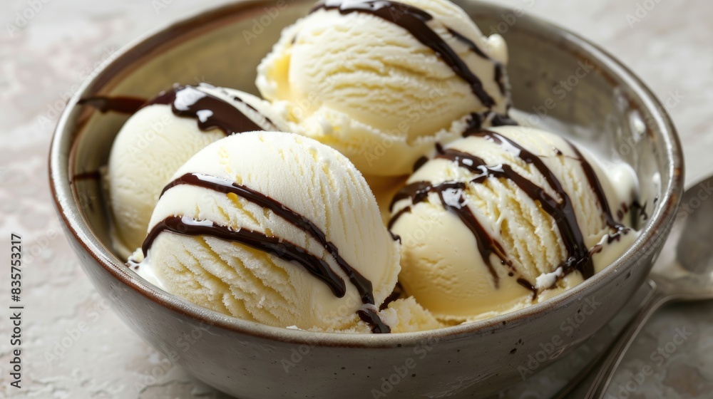 Vanilla ice cream scoops with chocolate glaze in a bowl photographed from a bird s eye view Vanilla ice cream scoops with chocolate glaze in a bowl photographed from a bird s eye view