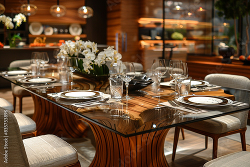 A refined dining table with a glass top and a solid teak wood base  elegantly set with fine china and polished silverware  positioned in a spacious and modern dining area