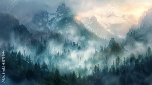 pine trees dot the foreground, a foggy midsection cloaks the sky, and mountains recede into the background photo