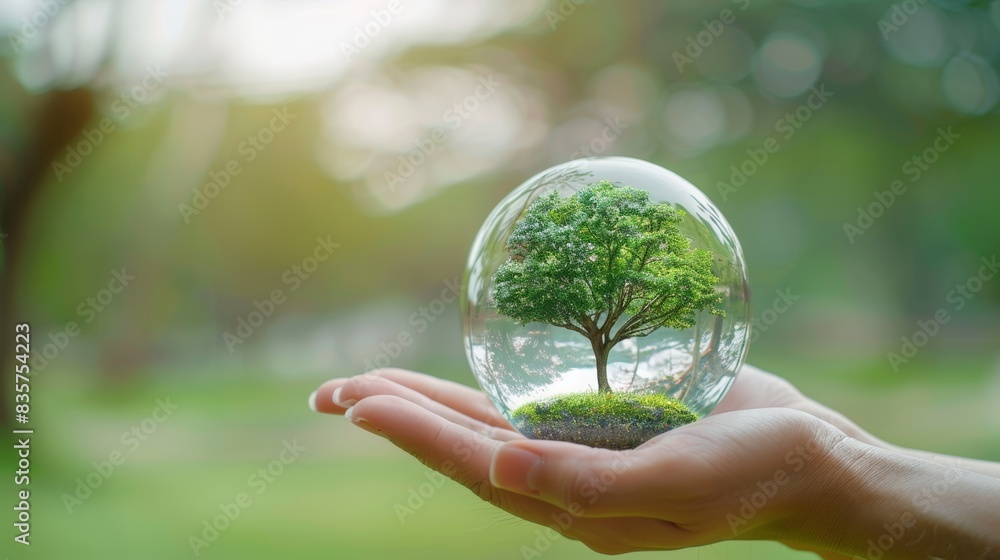 Hand supporting a glass sphere with a tree, symbolizing environmental care