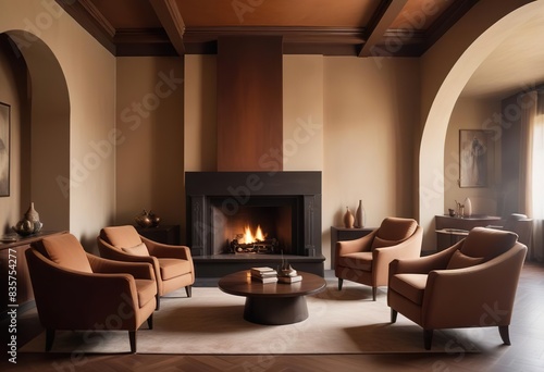 Two accent chairs near the fireplace. Room with columns and arch ceiling. Art deco, minimalist interior design of modern living room, home. © zakir