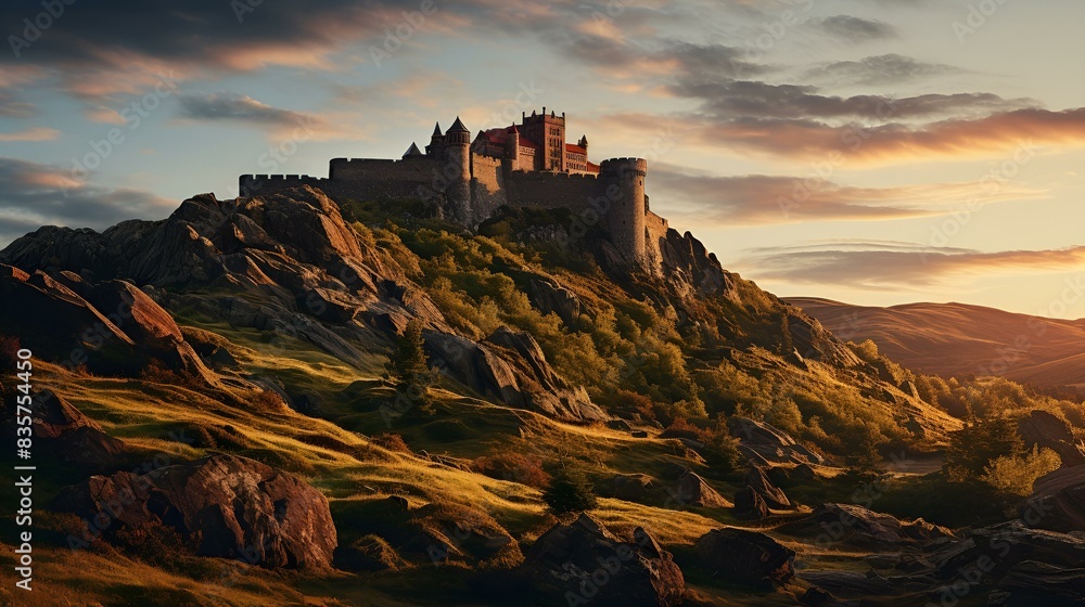 Obraz premium Sunset illuminating castle on hill.