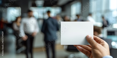 Hand holding a blank card with office workers blurred in the background