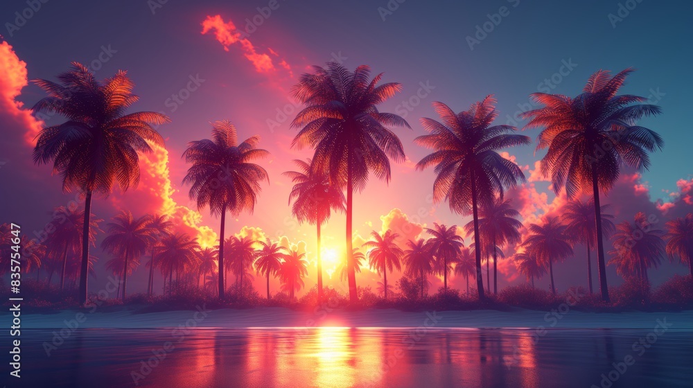 Tropical island sunset with palm trees reflecting in water